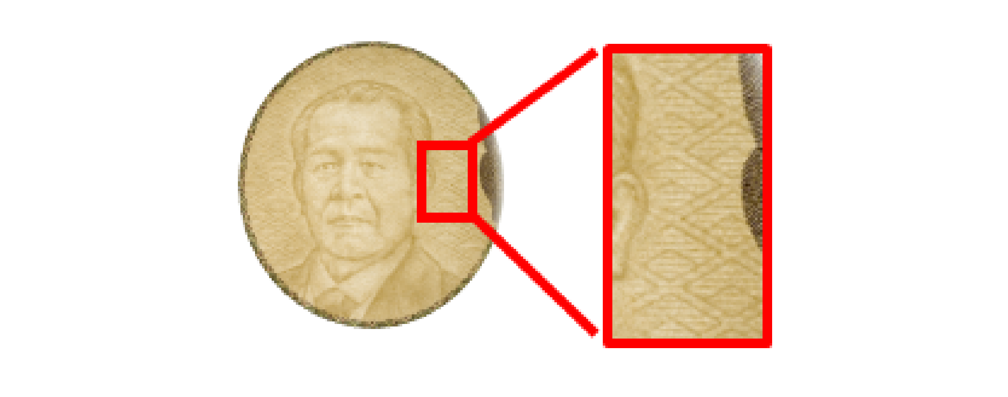 Image of SHIBUSAWA Eiichi's portrait watermark on the 10,000 yen note, and an enlarged image of the high-definition rhombus-pattern watermark that is added to the background of the portrait watermark.
