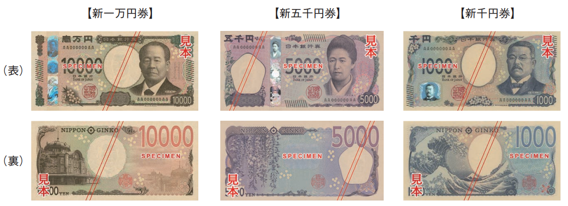 新一万円券、五千円券、千円券の見本券の画像（表面と裏面）。
