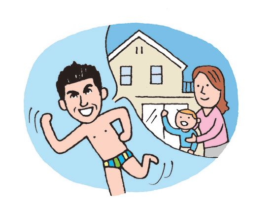 妻子とマイホームを思いながら少しおどけたポーズをとる著者を描いたイラスト