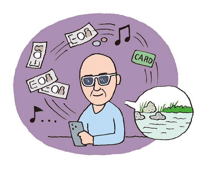 スマホでお金の流れを確認する著者を描いたイラスト