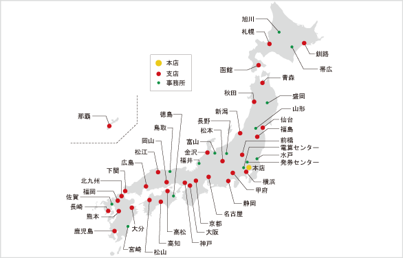 日本地図上に本店・支店・国内事務所の所在地を示した図。