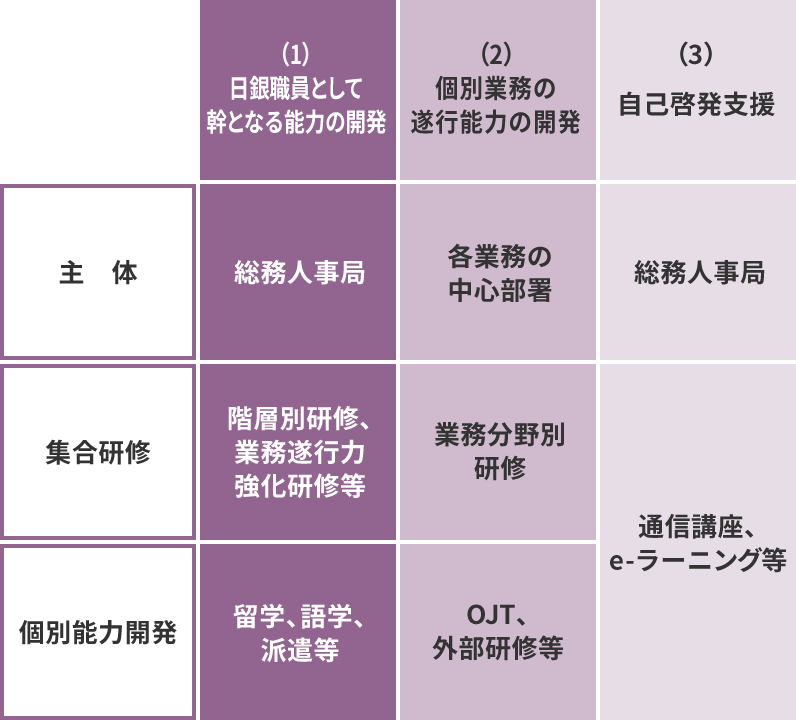 （1）日銀職員として幹となる能力の開発　主体：総務人事局　集合研修：階層別研修、業務遂行力強化研修等　個別能力開発：留学、語学、派遣等　（2）個別業務の遂行能力の開発　主体：各業務の中心部署　集合研修：業務分野別研修　個別能力開発：OJT、外部研修等　（3）自己啓発支援　主体：総務人事局　集合研修、個別能力開発：通信講座、e-ラーニング等