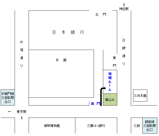 本店の情報ルームの案内図。南門より入り、植込みを過ぎて右手に情報ルームがある。