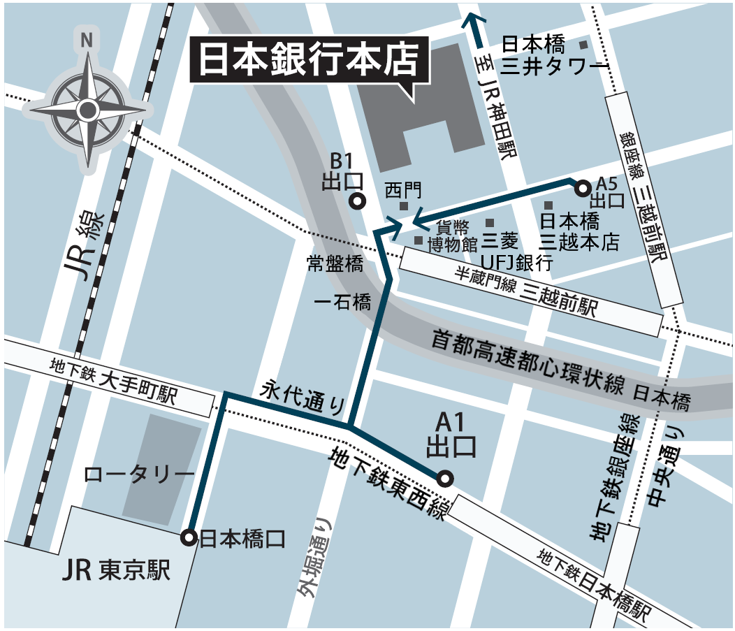 日本銀行本店の地図。詳細は以下の通り。