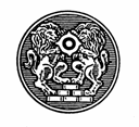 咆える2頭の雄ライオンが6個の千両箱を踏まえて後足で立ち、日本銀行のシンボルマーク「めだま」を抱えた紋章の画像