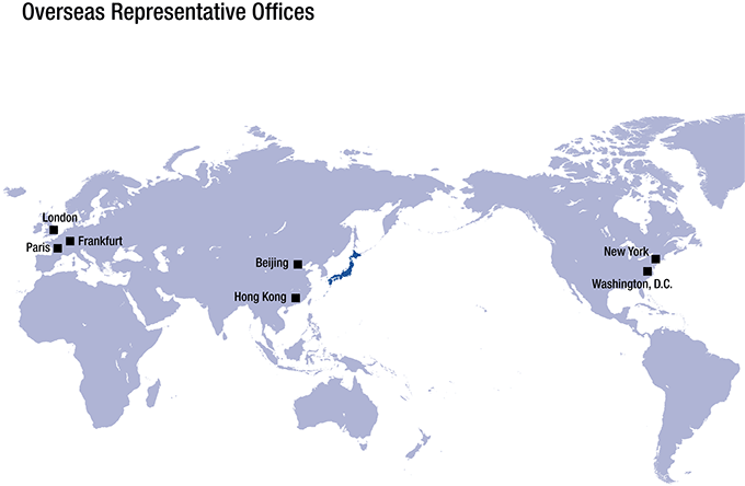 A map showing the locations of the Bank's 7 overseas representative offices: The offices are located in the cities of New York, Washington, D.C., London, Paris, Frankfurt, Hong Kong, and Beijing.