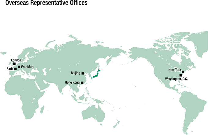 A map showing the locations of the Bank's 7 overseas representative offices: The offices are located in the cities of New York, Washington, D.C., London, Paris, Frankfurt, Hong Kong, and Beijing.