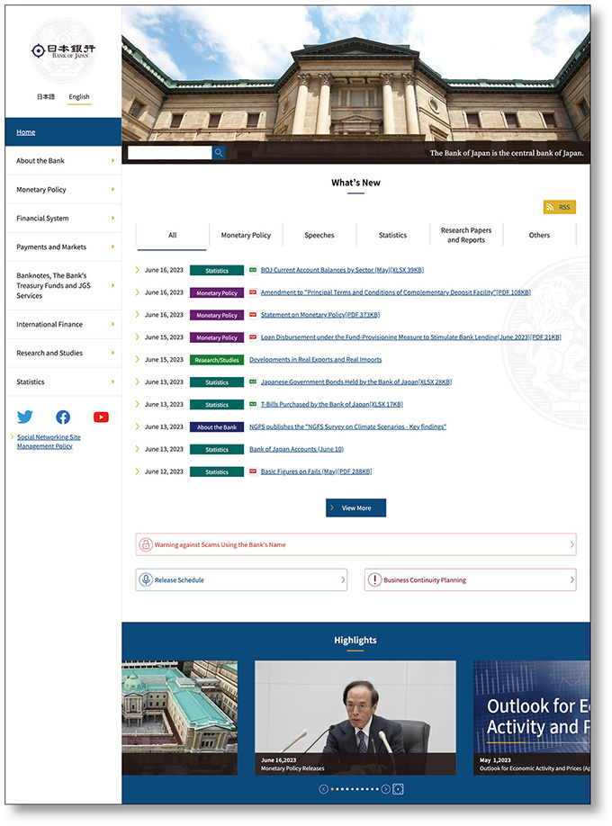Screenshot from the home page of the Bank's website