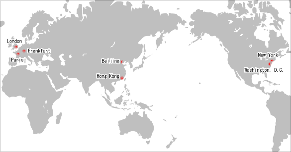 World map, on which indicates the locations of overseas offices. The addresses of overseas offices are shown in the main text.
