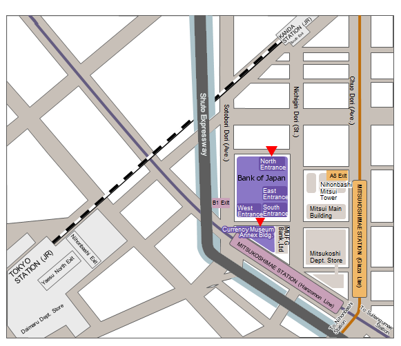 Bank of Japan (Head Office) location on a street map.  The details (nearest stations etc.) are shown in the main text.