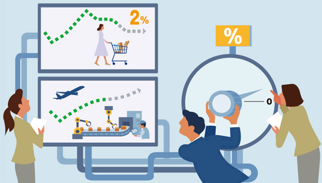 Infographic image showing 'The Bank will conduct monetary policy with the 2 percent target.' For details, see the full text of the Highlights of the Outlook Report.