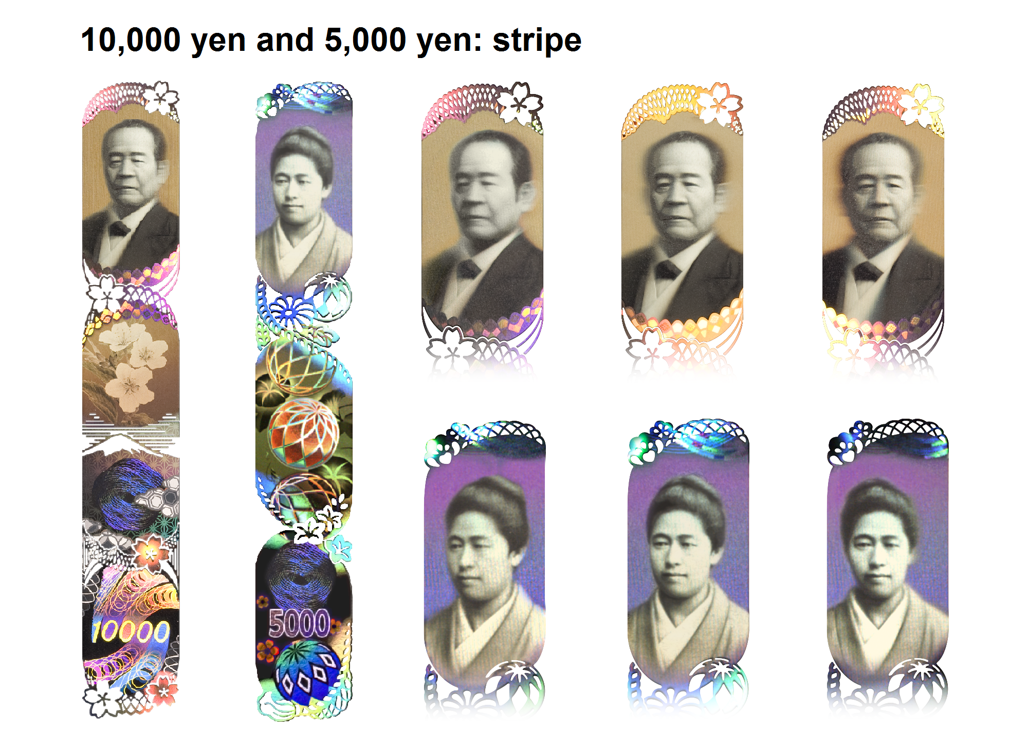 Images of the holographic stripes on the 10,000 yen and 5,000 yen notes, and close-ups of the rotating 3-D portraits at the top of the stripes on the 10,000 yen and 5,000 yen notes, which can be seen when tilted left to right.