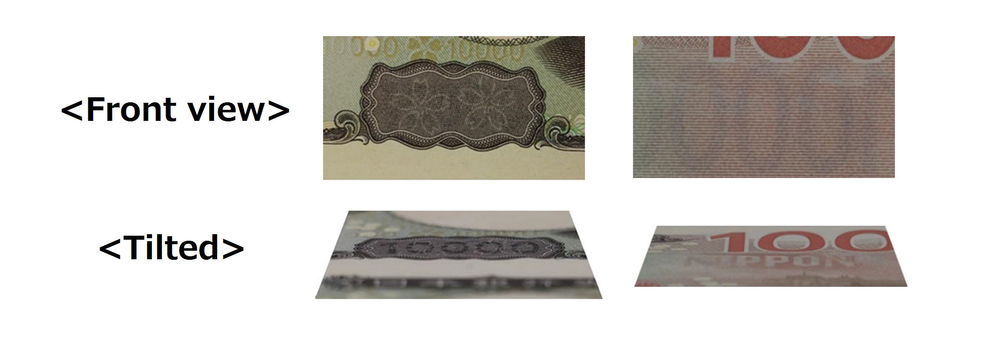 Images of latent patterns on both the front and back of the 10,000 yen note when viewed straight on, and how numerals or letters appear when tilted.