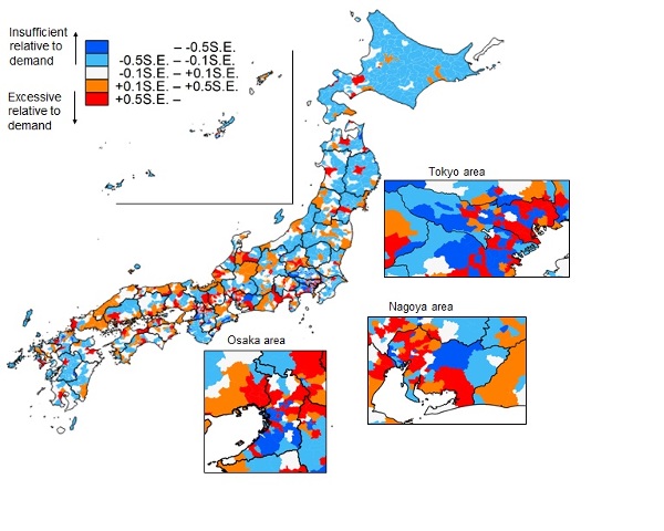 Heatmap of Excess in the number of Financial Institutions' branches for each municipality. Financial institutions tend to concentrate their branches in metropolitan areas with a relatively high density of firms.