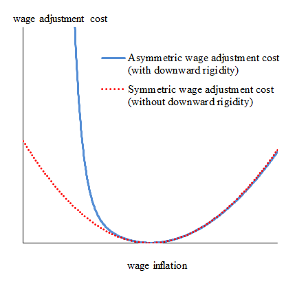 Diagram of the wage adjustment cost function with and without downward rigidity. Details are in the text.