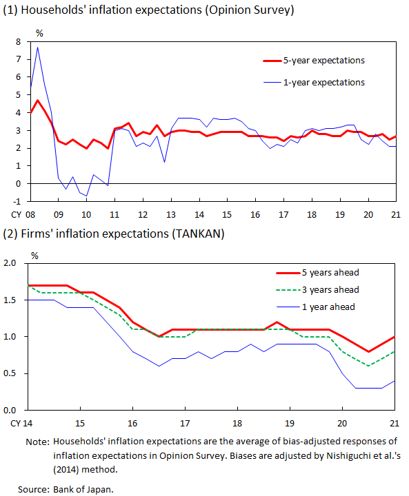 Graphs that show inflation expectations of households in Opinion Survey and of firms in TANKAN. Reporting biases in households' inflation expectations are adjusted by Nishiguchi et al.'s method. Details are given in the main text.