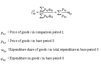 I sup L sub t 0 equals summation p sub t i q sub 0 i over summation p sub 0 i q sub 0 i equals summation p sub t i over p sub 0 i times w sub 0 i.
Where p sub t i means price of goods i in comparison period t,
p sub 0 i means price of goods i in base period 0,
w sub 0 i means expenditure share of goods i in total expenditure in base period 0,
q sub 0 i means expenditure on goods i in base period 0.
