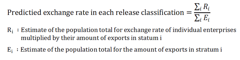 The formula for calculating the predicted exchange rate in each release classification. The expected exchange rate equals to the summation of the estimate of the population total of exchange rate of individual enterprises multiplied by their amount of exports in each stratum divided by the summation of the estimate of the population total of the amount of exports in each stratum.