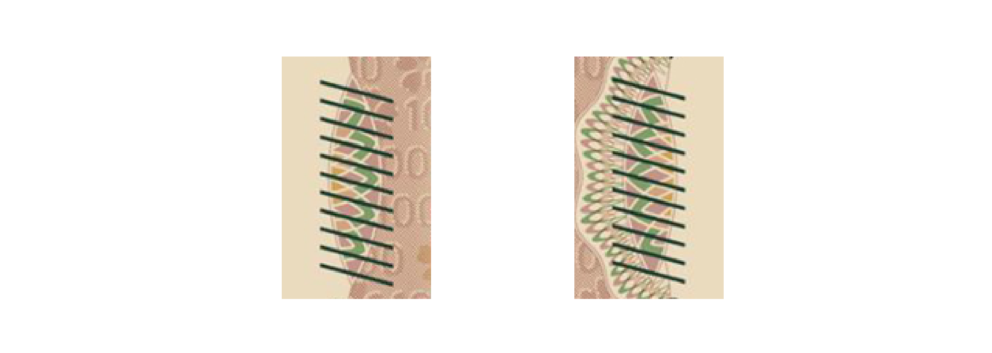 一万円券表面の左右にある、並列する11本の斜線で構成された識別マークの画像。