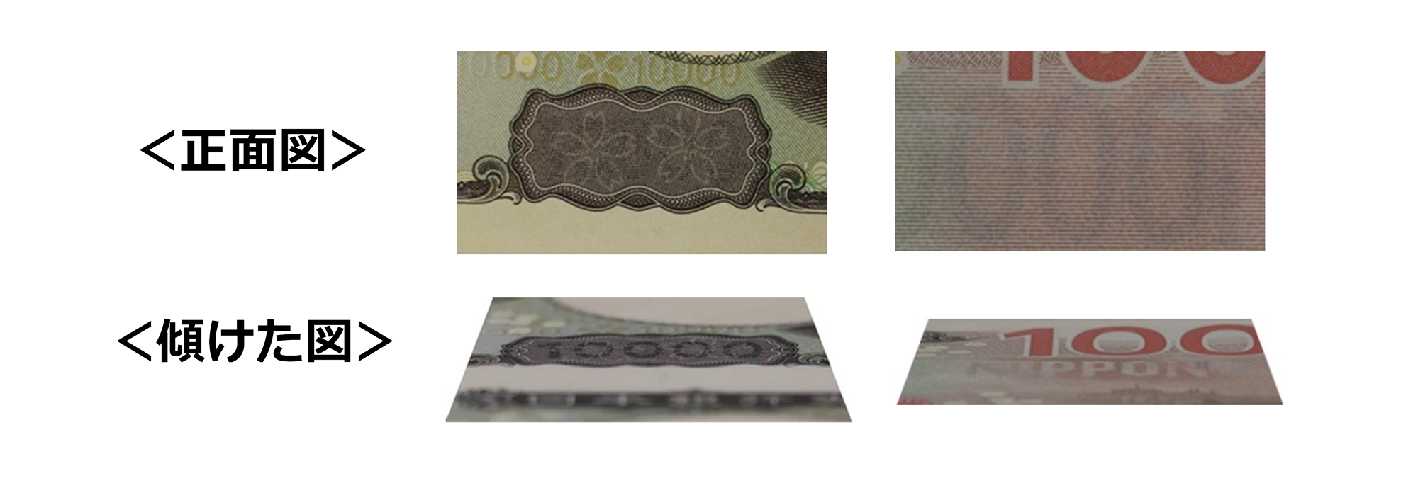 一万円券の表裏にある、潜像模様を正面から見た画像と、傾けて文字を浮び上がらせた画像。
