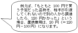 例えば、「もともと100円で買う予定だった品物を、相手が引渡してくれないので別の人から調達したら、120円かかった」という場合、置換費用は、20円（＝120円－100円）になります。 