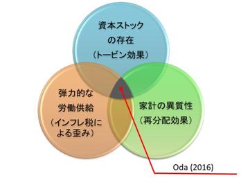 弾力的な労働供給（インフレ税による歪み）、資本ストックの存在（トービン効果）、家計の異質性（再配分効果）の3つをそれぞれ円で示し、それぞれ部分的に重ねたベン図。詳細は本文の通り。