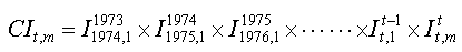 CI t,m イコール I 上付き1973 下付き1974,1 掛ける I 上付き1974 下付き1975,1 掛ける I 上付き1975 下付き1976,1 掛ける …… 掛ける I 上付きt-1 下付きt,1 掛ける I 上付きt 下付きt,m