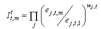 I 上付きt 下付きt,m イコール  総乗 j ( e j,t,1 分の e j,t,m) w j,t 乗