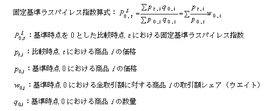 (イ)固定基準ラスパイレス指数算式; 固定基準ラスパイレス指数算式:P L 0,t イコール シグマpt,i q0,i 割る シグマp0,i q0,i イコール (シグマpt,i 割る p0,i) 掛ける w0,i; P L 0,t:基準時点を0とした比較時点tにおける固定基準ラスパイレス指数; pt,i:比較時点tにおける商品iの価格; p0,i:基準時点0における商品iの価格; w0,i:基準時点0における全取引額に対する商品iの取引額シェア(ウエイト); q0,i:基準時点0における商品iの数量