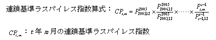 (ロ)連鎖基準ラスパイレス指数算式; 連鎖基準ラスパイレス指数算式:CPt,m イコール P2005 2005,12 掛ける (P2005 2006,12 割る P2005 2005,12) 掛ける …… 掛ける (Pt-1 t,m 割る Pt-1 t-1,12); CPt,m:t年m月の連鎖基準ラスパイレス指数