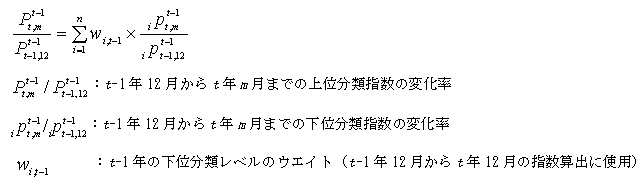 Pt-1 t,m 割る Pt-1 t-1,12 イコール シグマiイコール1からnまで wi,t-1 掛ける (ipt-1 t,m 割る ipt-1 t-1,12); Pt-1 t,m 割る Pt-1 t-1,12:t-1年12月からt年m月までの上位分類指数の変化率; ipt-1 t,m 割る ipt-1 t-1,12:t-1年12月からt年m月までの下位分類指数の変化率; wi,t-1:t-1年の下位分類レベルのウエイト(t-1年12月からt年12月の指数算出に使用)